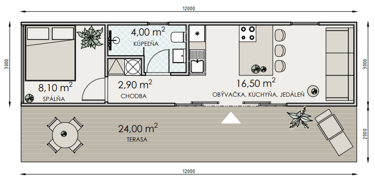 Pôdorys MODOM B36 — obývacia časť s kuchyňou a jedálňou 16,5 m², chodba 2,9 m², kúpeľňa 4,0 m², spálňa 8,1 m² a terasa 24,0 m²