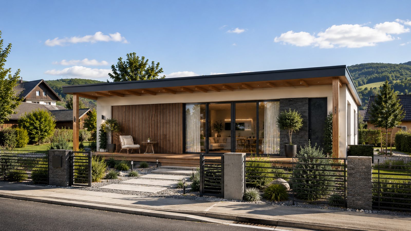 Vizualizácia exteriéru MODOM B36 — bungalov s krytou terasou