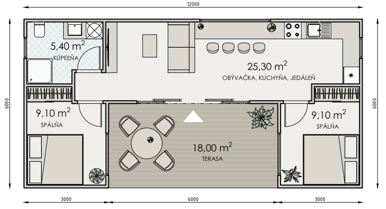 Pôdorys MODOM B54U — obývacia časť s kuchyňou a jedálňou 25,3 m², dve spálne po 9,1 m², kúpeľňa 5,4 m² a krytá terasa 18,0 m²